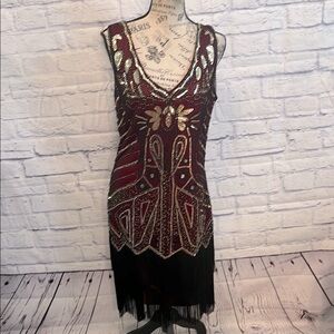 Babeyond Flapper Dress 1920s Style Fringed Beaded Embroidered Sequins V-neck NWT